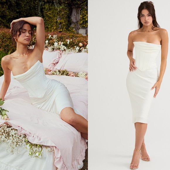 House of CB 'Sienna' Ivory Satin Strapless Corset Midi Dress NWOT - Picture 1 of 15